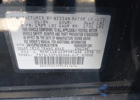 2024 Nissan Kicks Sv Xtronic Cvt from USA, damaged, VIN 3N1CP5CVXRL517676